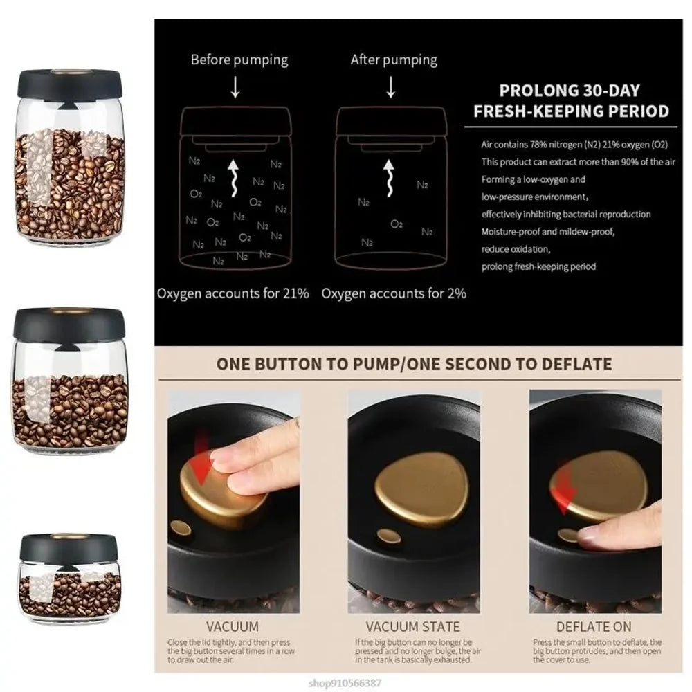 Frasco de vidrio para café y té con tapa de vacío a presión