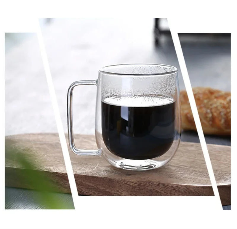 Taza de vidrio borosilicato de doble pared con asa