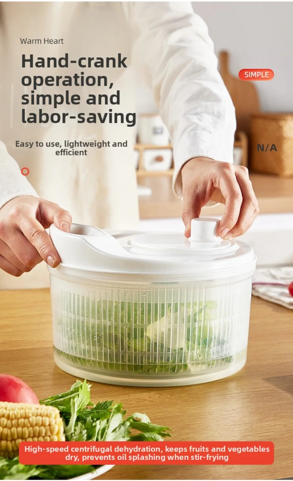 Centrifugadora manual blanca para verduras con canasto escurridor