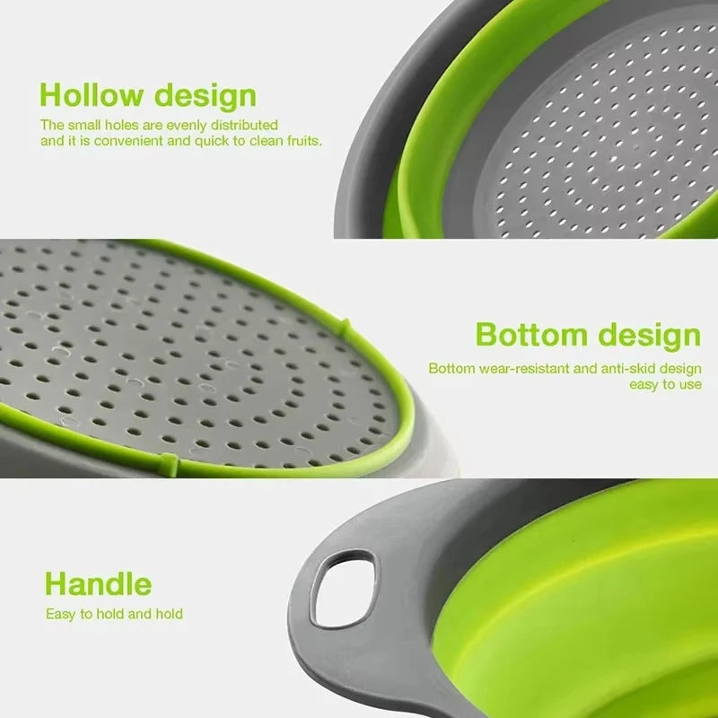 Colador plegable de silicona verde para frutas y verduras