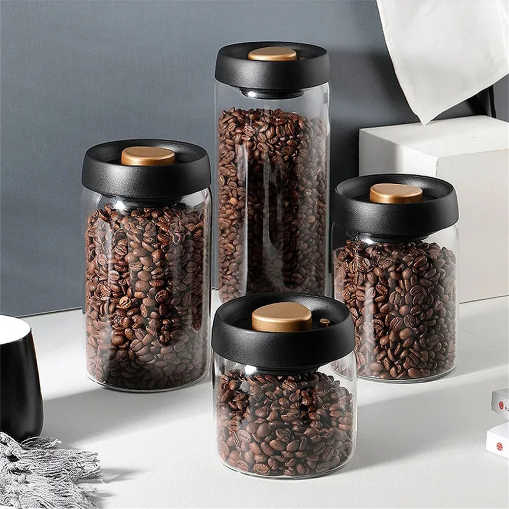 Frasco de vidrio para café y té con tapa de vacío a presión