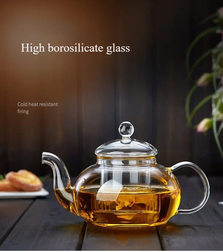 Tetera de vidrio borosilicato con infusor para té en hebras