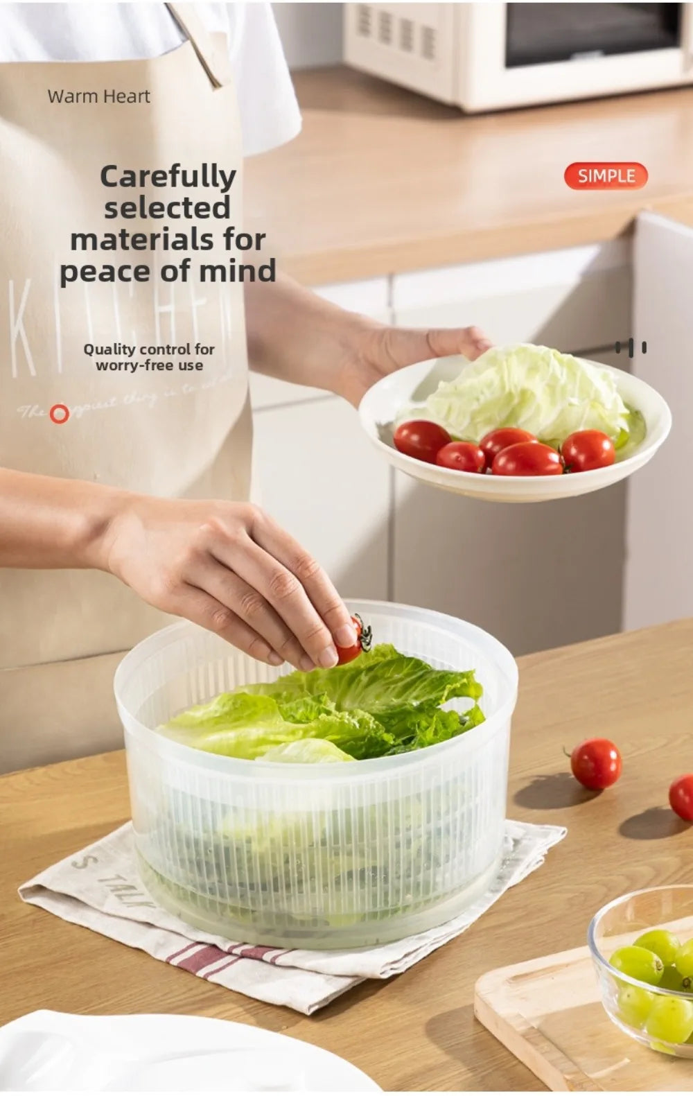 Centrifugadora manual blanca para verduras con canasto escurridor