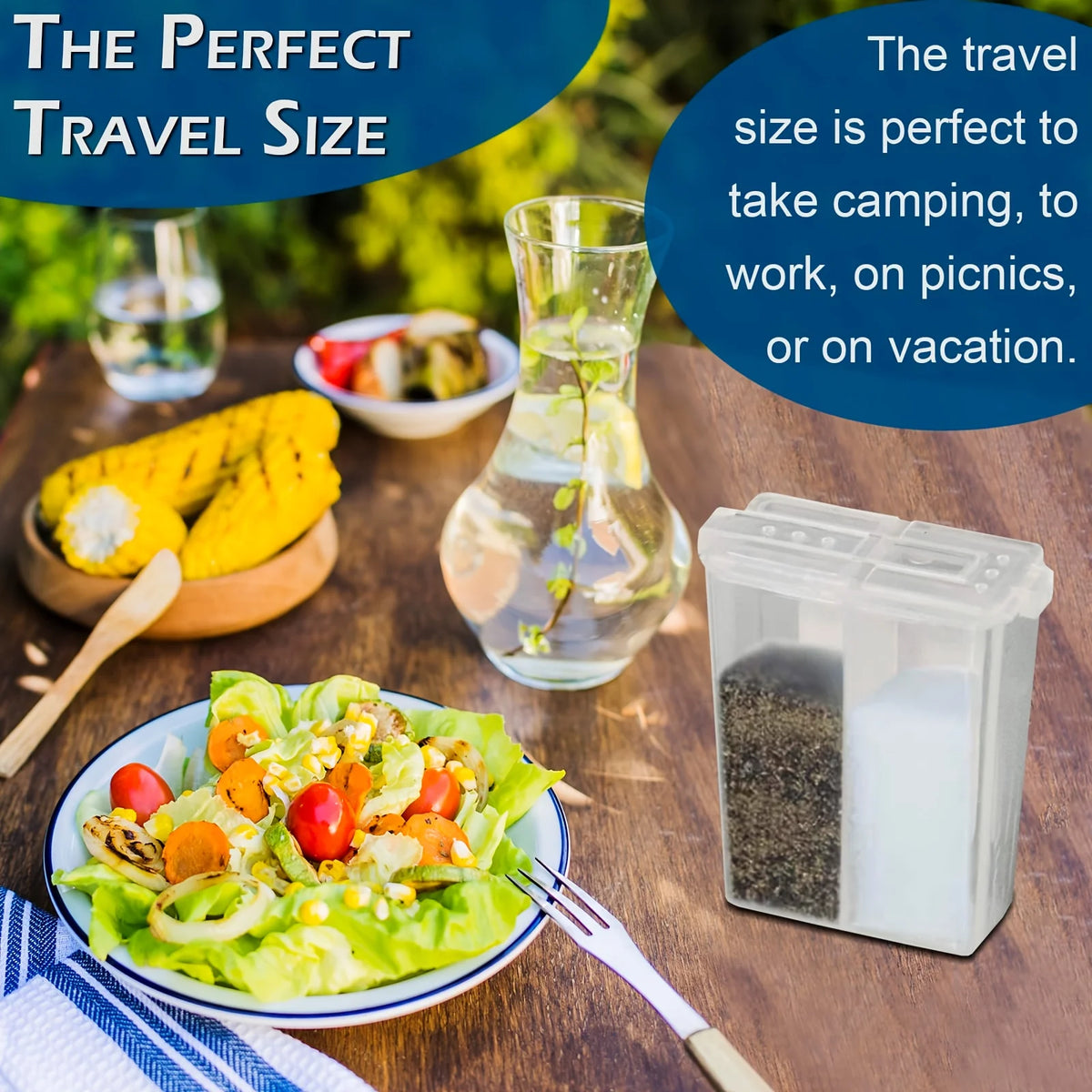 Salero y pimentero 2 en 1 con tapa para camping