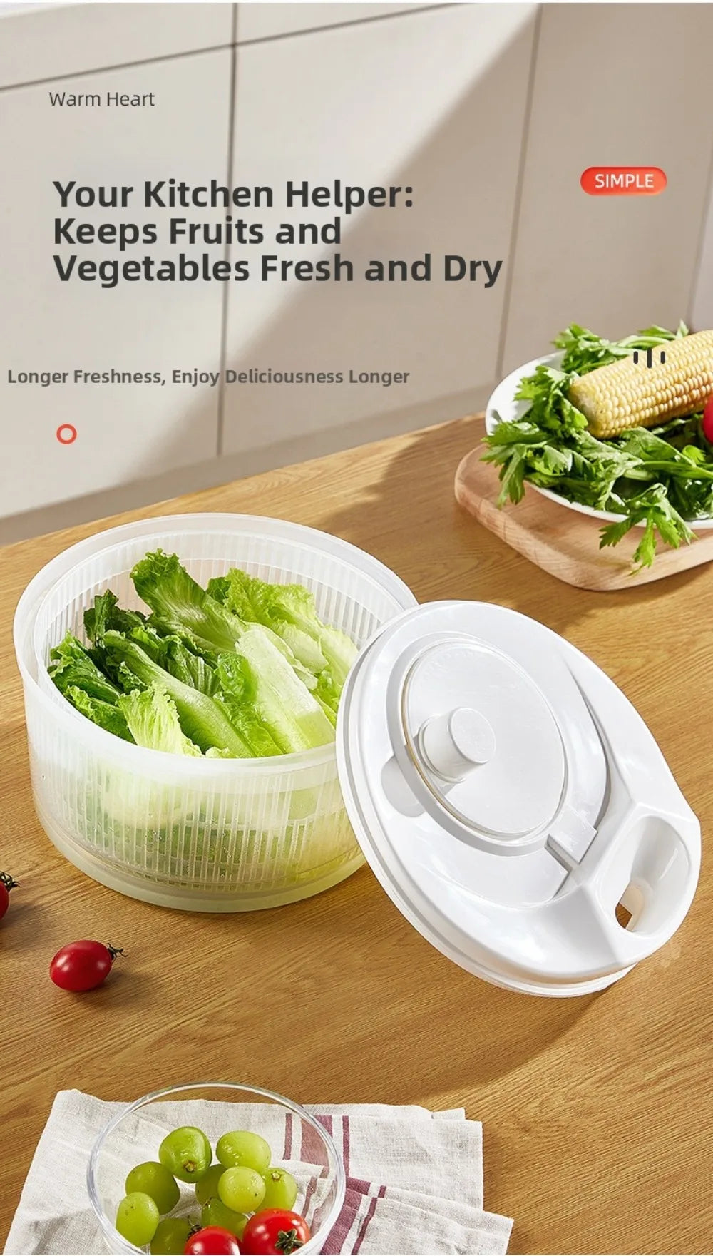 Centrifugadora manual blanca para verduras con canasto escurridor