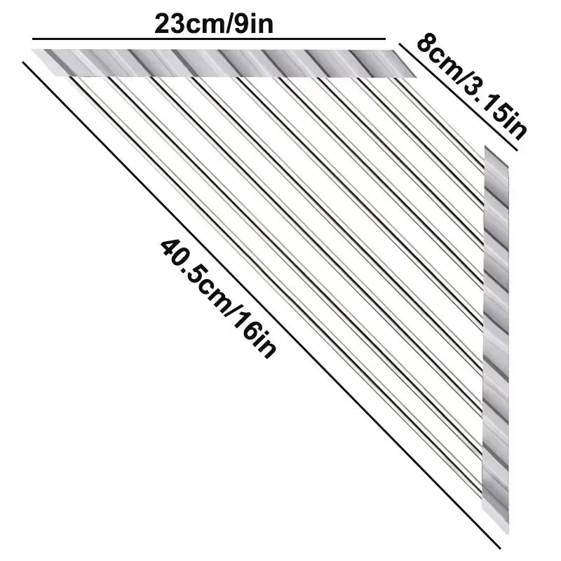 Escurridor enrollable triangular de acero inoxidable para esquina de bacha