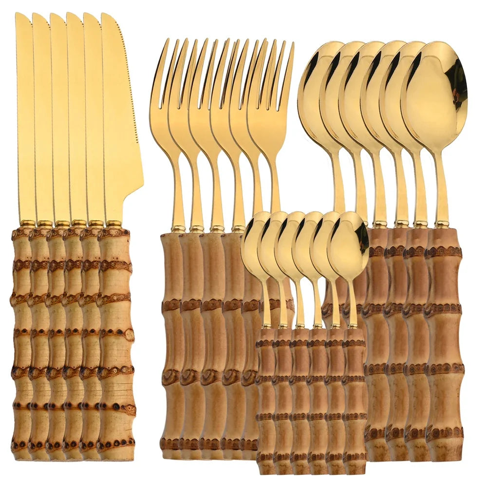 Set de 24 cubiertos de acero inoxidable con mango de bambú