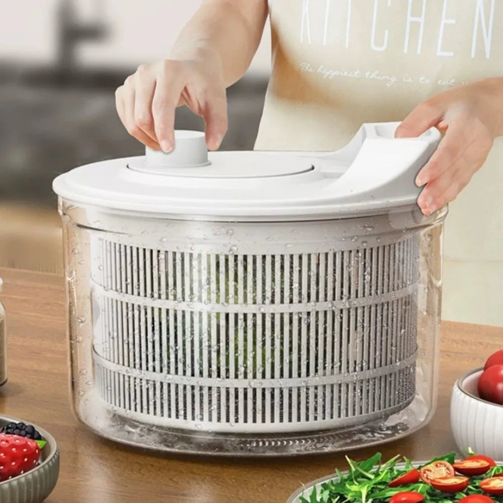 Centrifugadora manual blanca para verduras con canasto escurridor