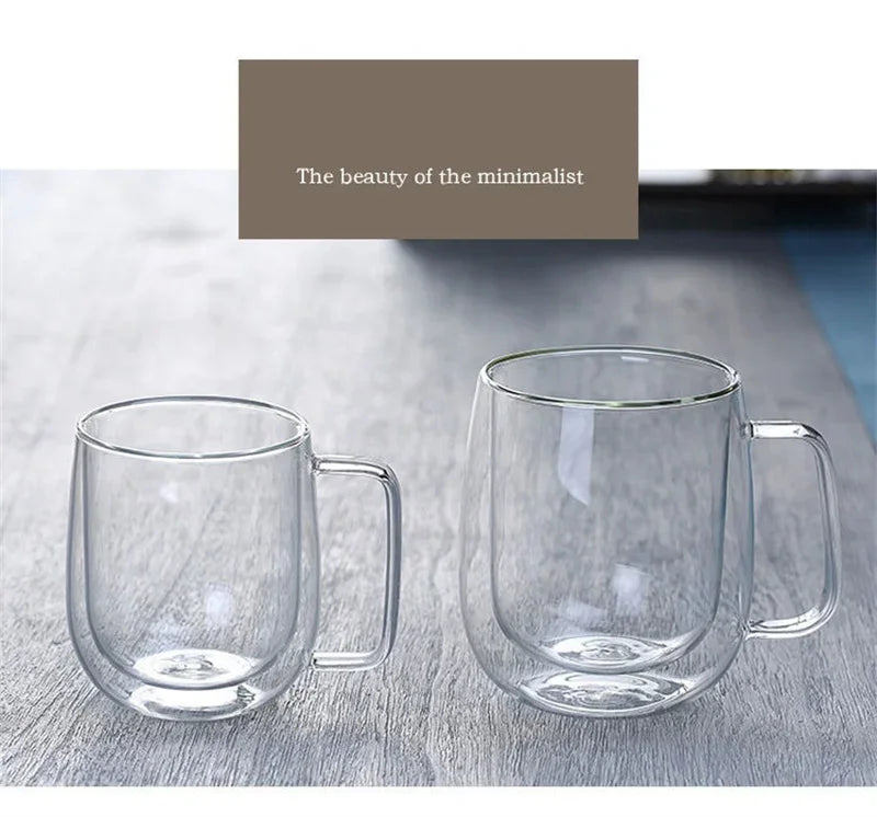 Taza de vidrio borosilicato de doble pared con asa