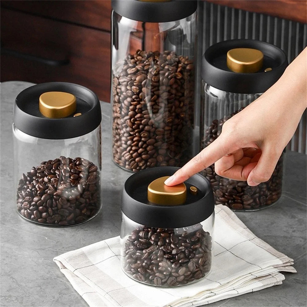 Frasco de vidrio para café y té con tapa de vacío a presión