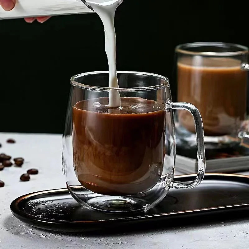 Taza de vidrio borosilicato de doble pared con asa