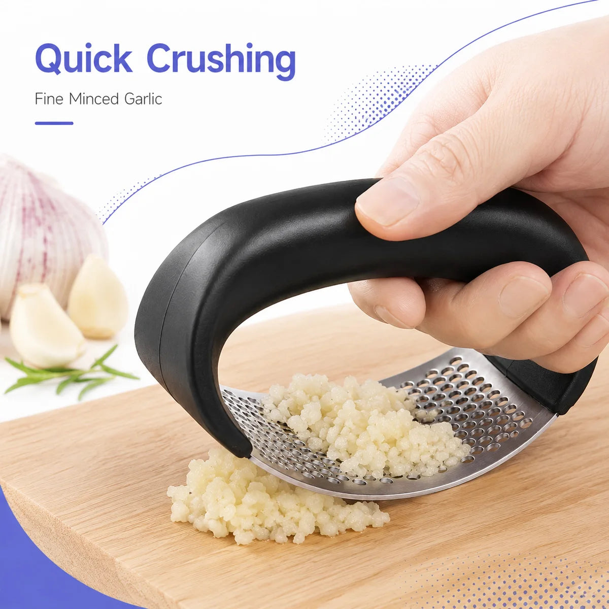 Prensa de ajo manual con superficie curva de acero inoxidable
