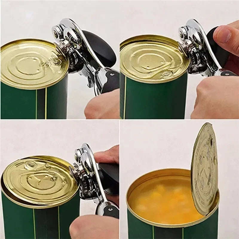 Abrelatas manual multifunción de acero inoxidable con destapador