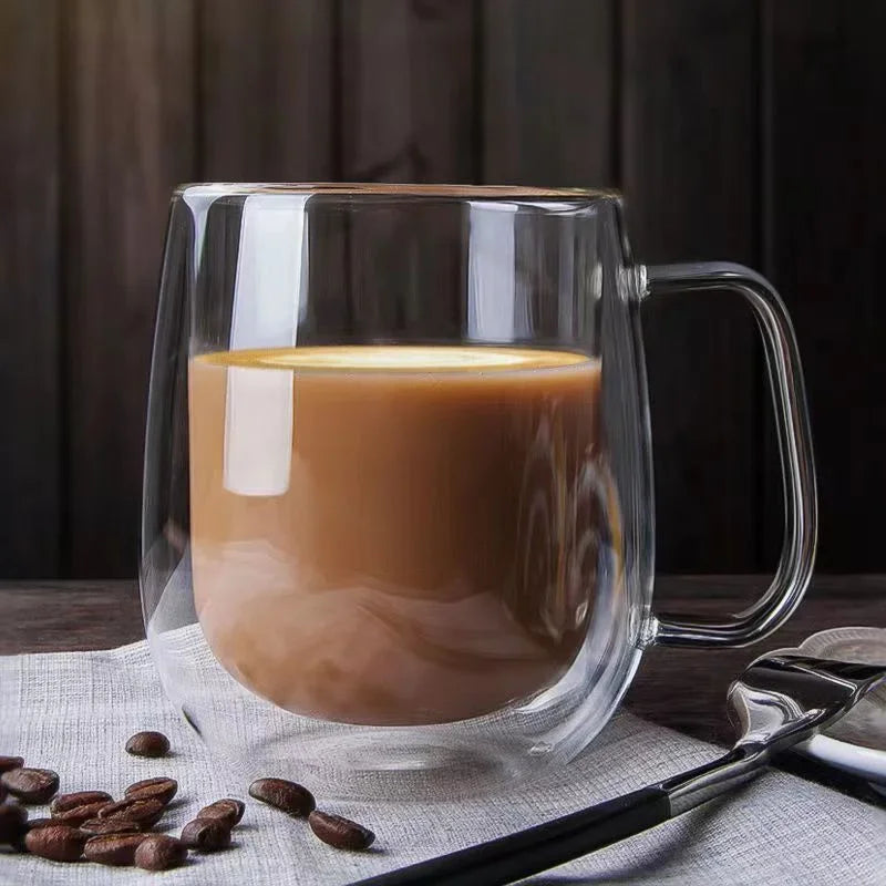 Taza de vidrio borosilicato de doble pared con asa