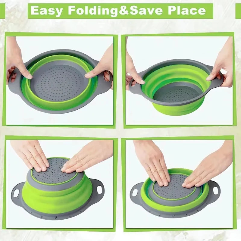 Colador plegable de silicona verde para frutas y verduras