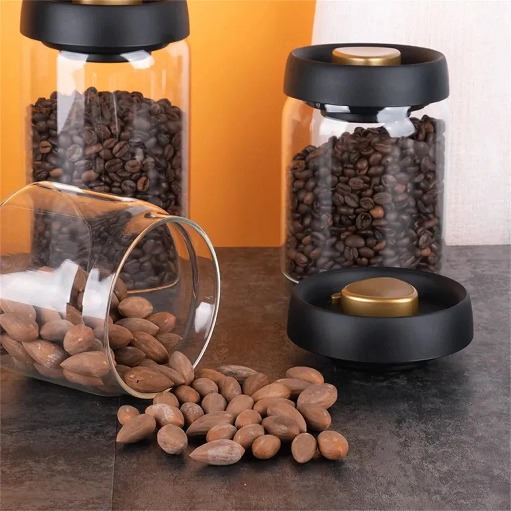 Frasco de vidrio para café y té con tapa de vacío a presión
