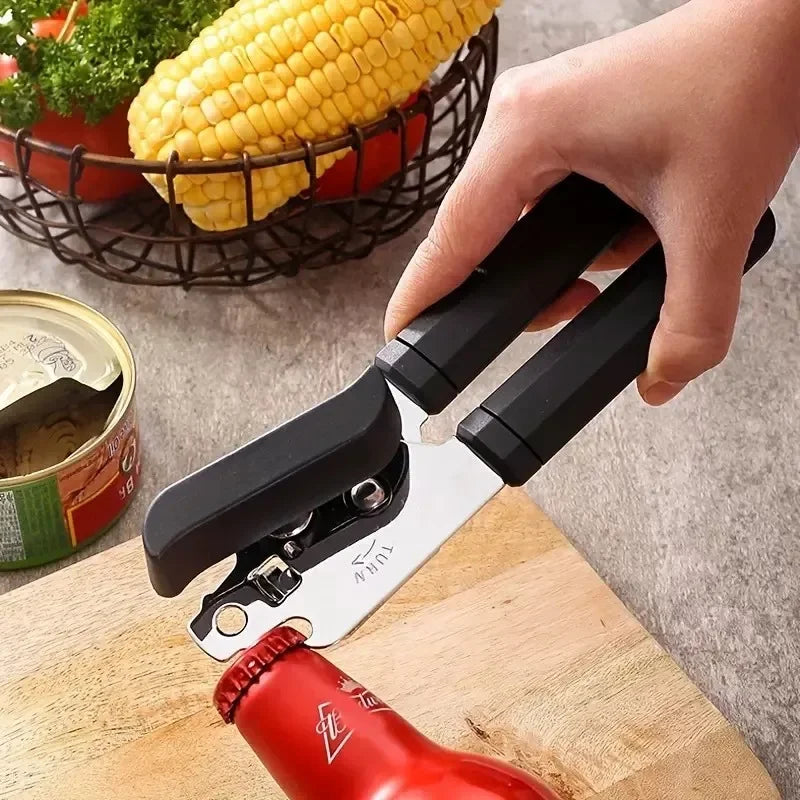Abrelatas manual multifunción de acero inoxidable con destapador