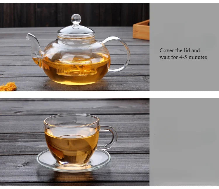Tetera de vidrio borosilicato con infusor para té en hebras