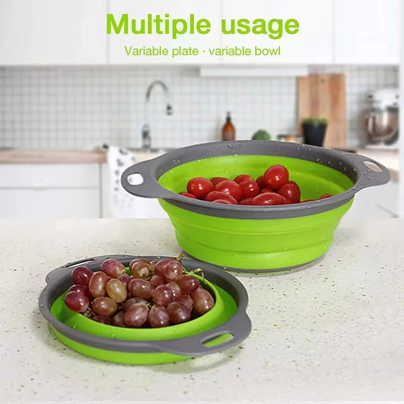 Colador plegable de silicona verde para frutas y verduras
