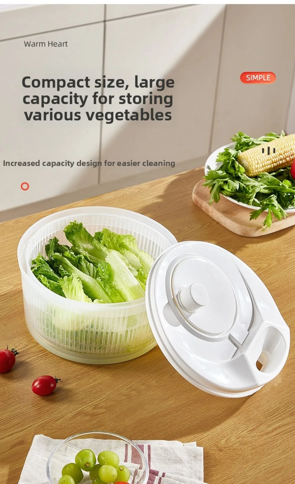 Centrifugadora manual blanca para verduras con canasto escurridor