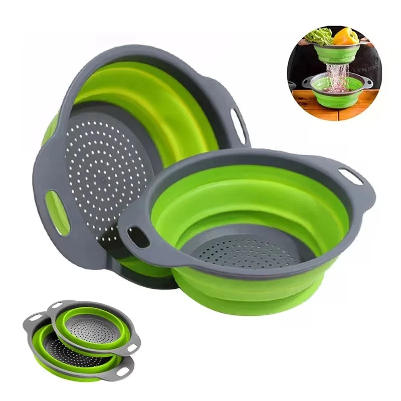 Colador plegable de silicona verde para frutas y verduras