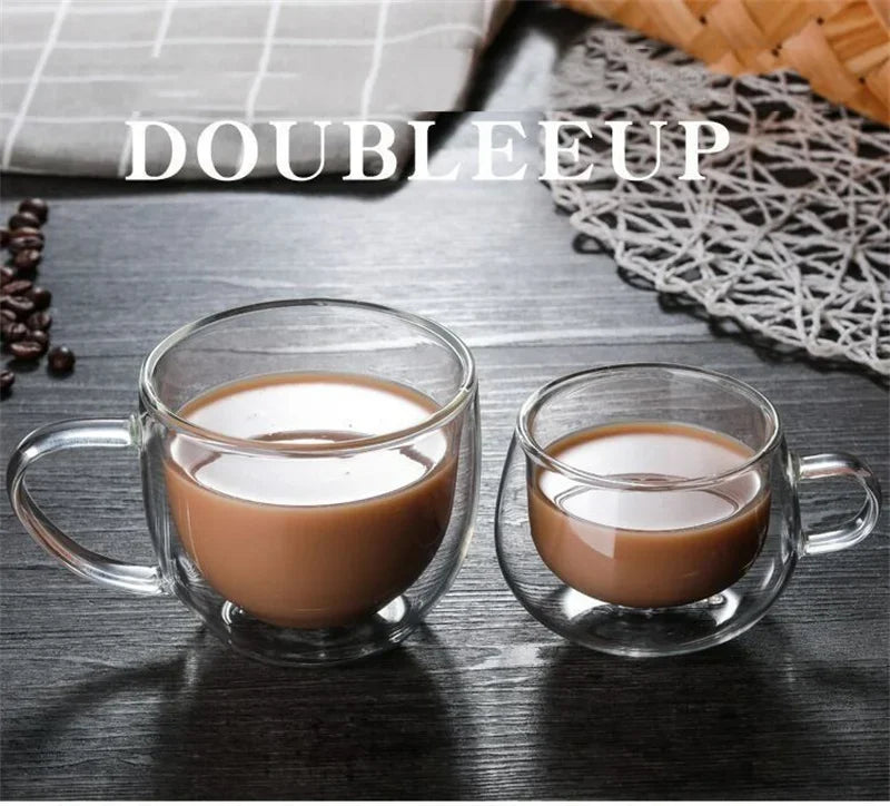 Taza de vidrio borosilicato de doble pared con asa