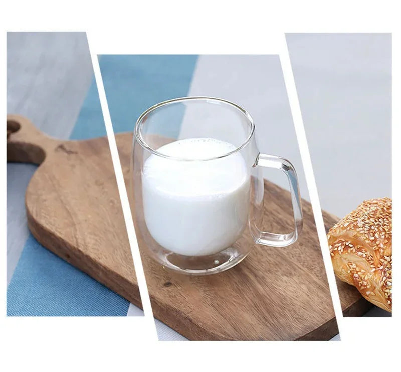 Taza de vidrio borosilicato de doble pared con asa