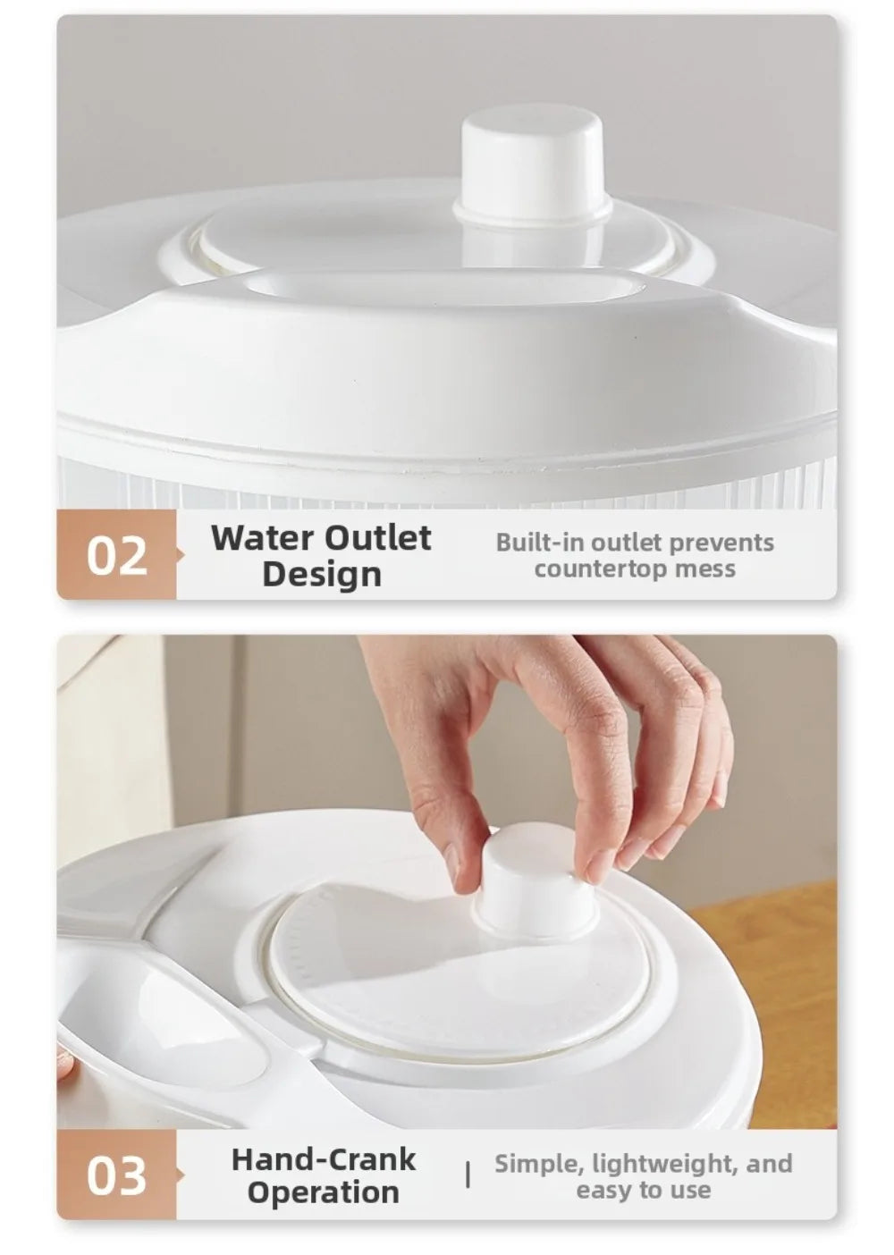 Centrifugadora manual blanca para verduras con canasto escurridor