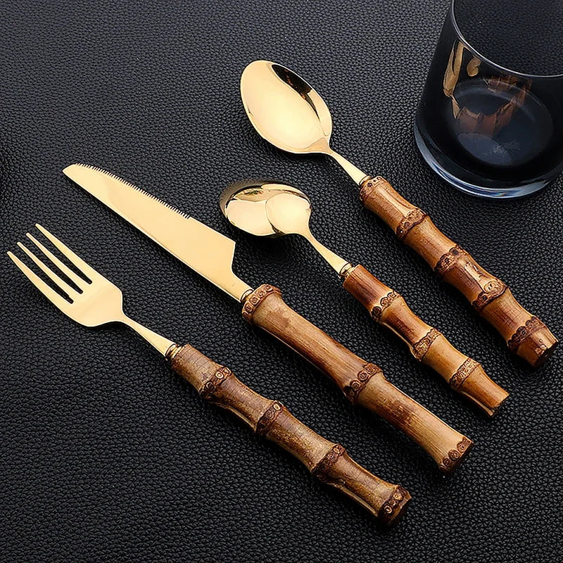 Set de 24 cubiertos de acero inoxidable con mango de bambú