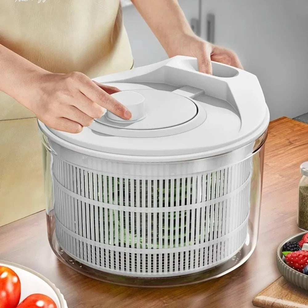 Centrifugadora manual blanca para verduras con canasto escurridor