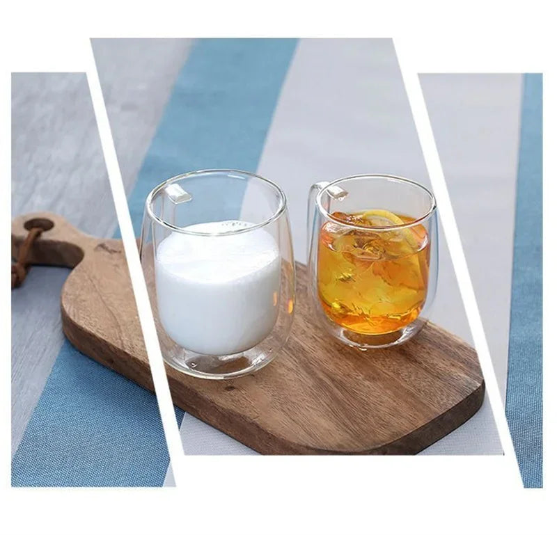 Taza de vidrio borosilicato de doble pared con asa