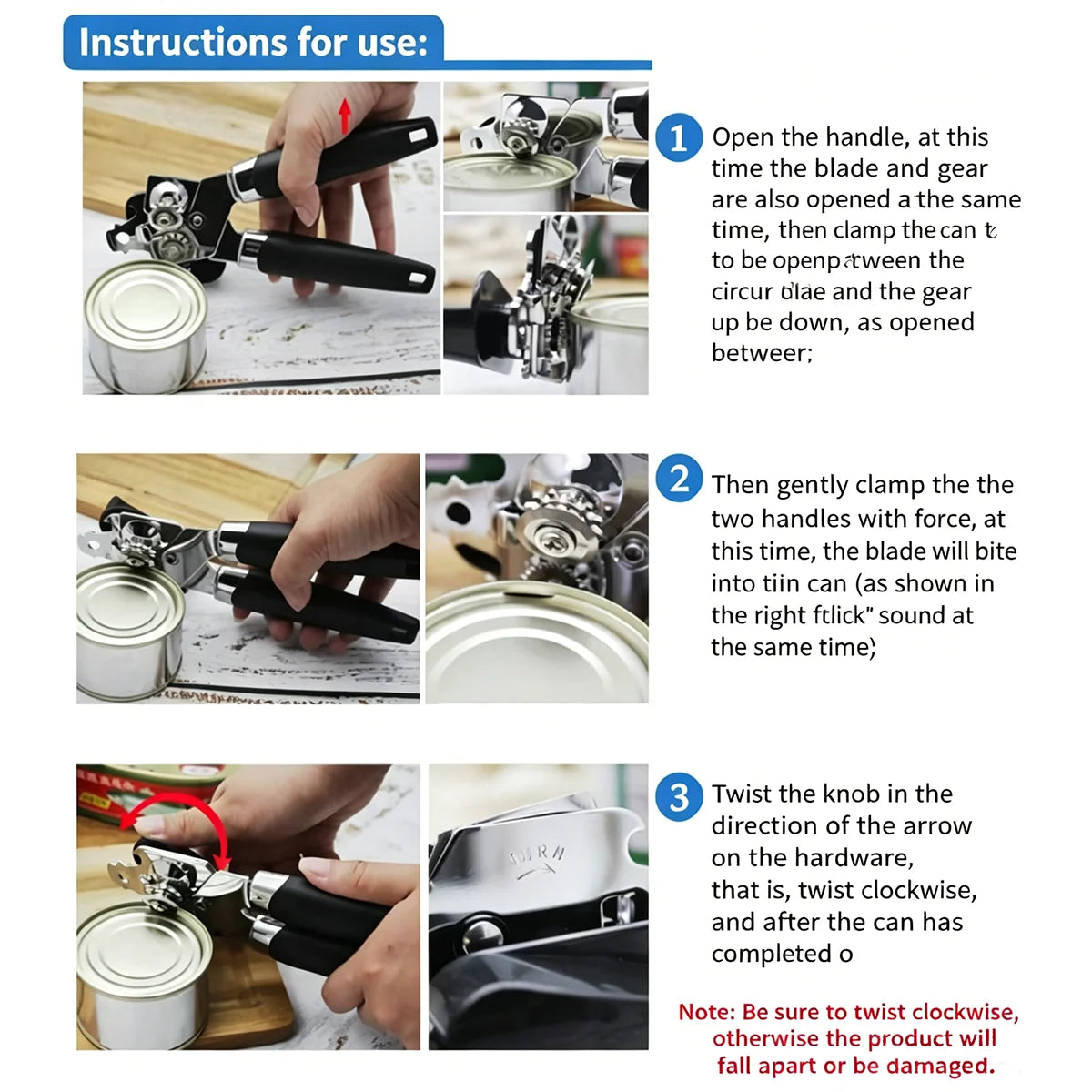 Abrelatas manual multifunción de acero inoxidable con destapador