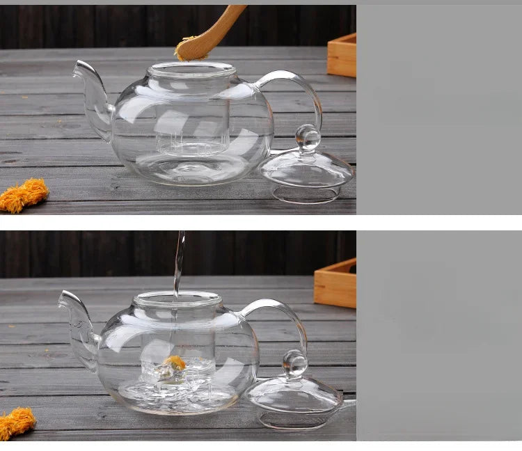 Tetera de vidrio borosilicato con infusor para té en hebras
