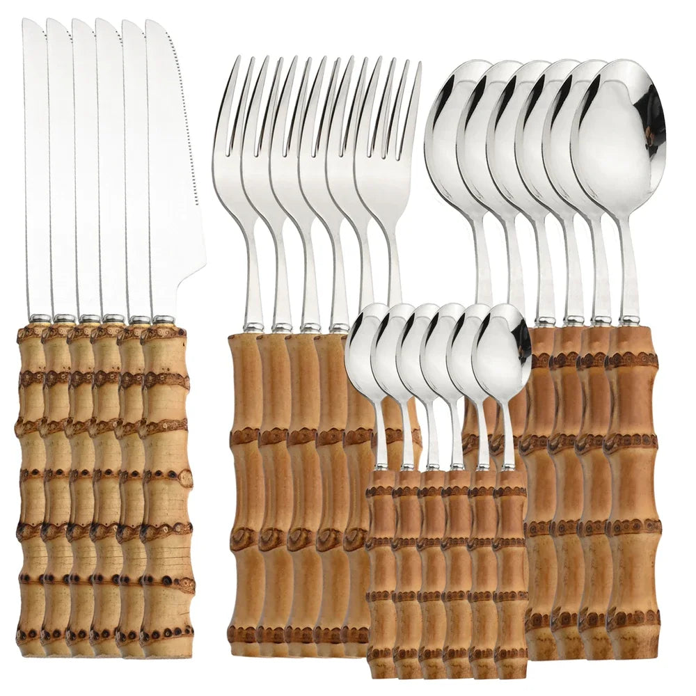 Set de 24 cubiertos de acero inoxidable con mango de bambú