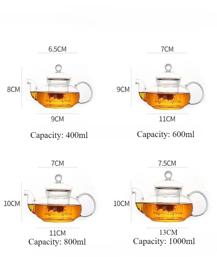 Tetera de vidrio borosilicato con infusor para té en hebras