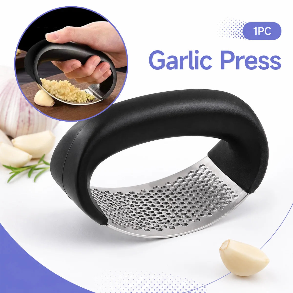 Prensa de ajo manual con superficie curva de acero inoxidable