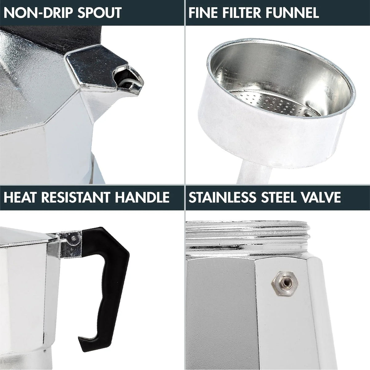 Cafetera italiana moka de aluminio con filtro reutilizable
