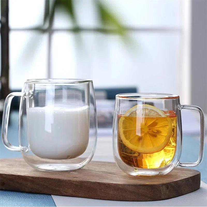Taza de vidrio borosilicato de doble pared con asa