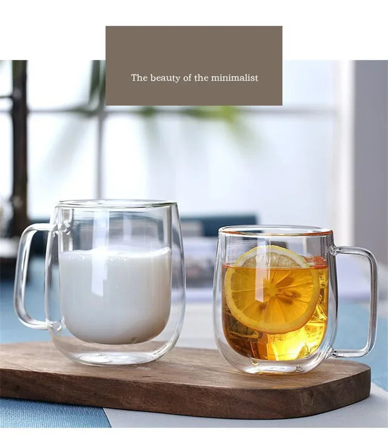 Taza de vidrio borosilicato de doble pared con asa