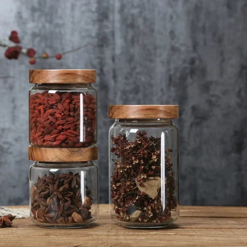 Frasco hermético de vidrio con tapa de madera para alacena