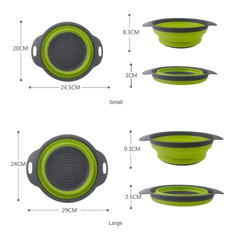 Colador plegable de silicona verde para frutas y verduras