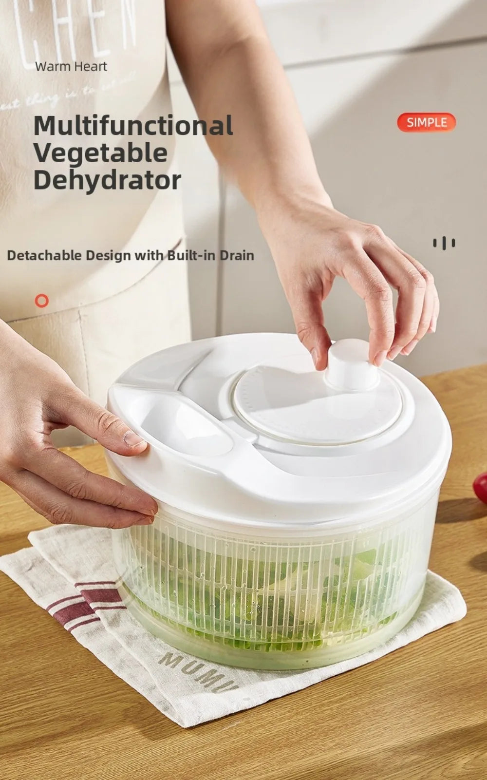 Centrifugadora manual blanca para verduras con canasto escurridor