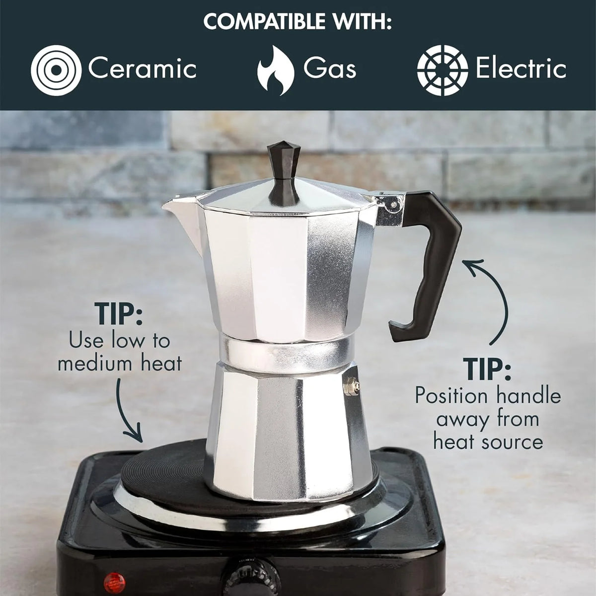 Cafetera italiana moka de aluminio con filtro reutilizable