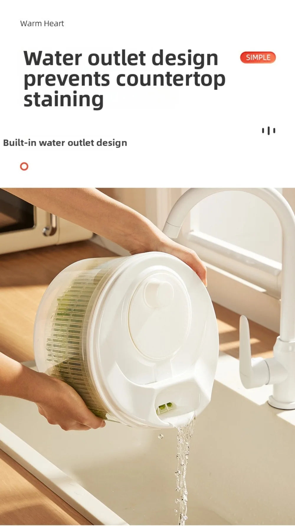 Centrifugadora manual blanca para verduras con canasto escurridor