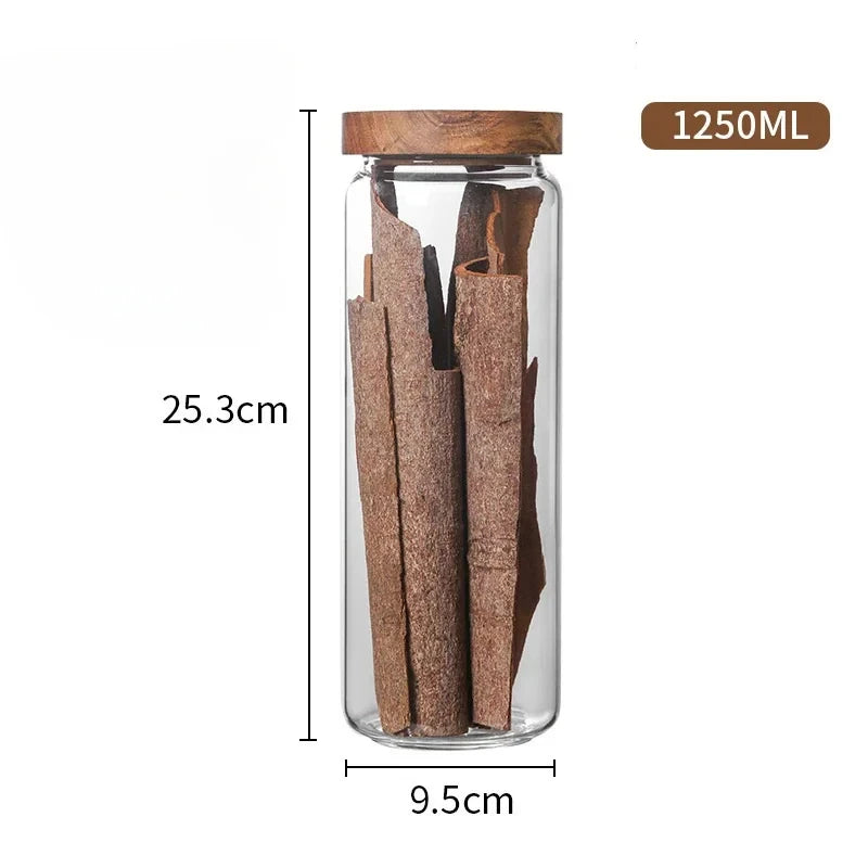 Frasco hermético de vidrio con tapa de madera para alacena