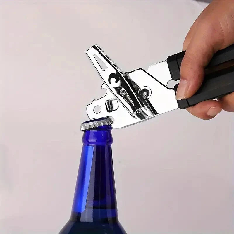 Abrelatas manual multifunción de acero inoxidable con destapador