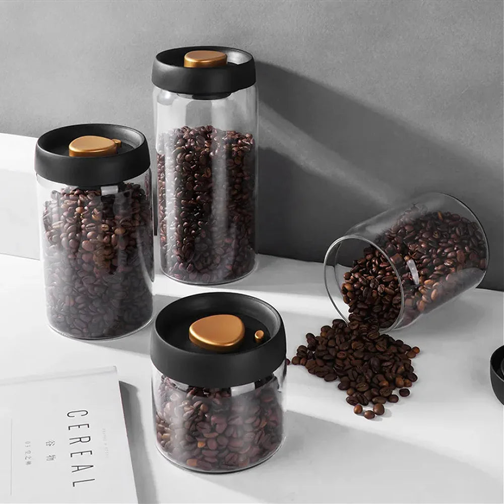 Frasco de vidrio para café y té con tapa de vacío a presión
